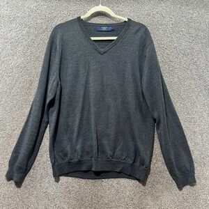 J Crew Pullover V Neck Sweater Men Large Gray 100% Merino Wool Preppy Classic